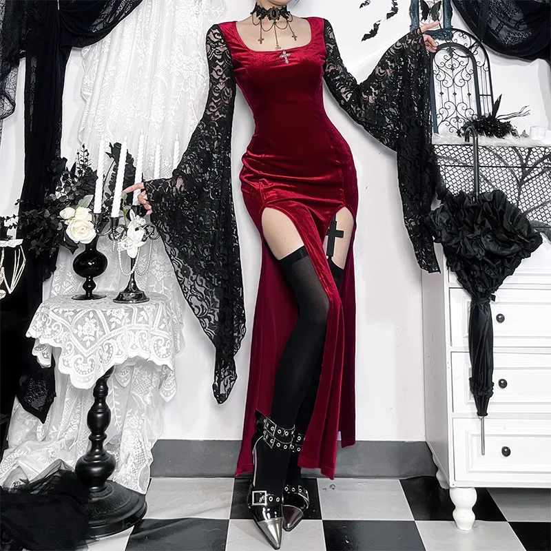 

2025 Lace Long Sleeve Slit Dress Subculture New Style All-match Party Long Dress Dark Gothic Style Dress Women Elegant Fashion