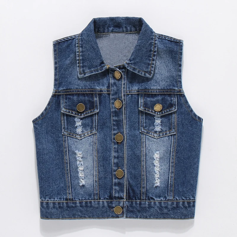 

High Quality Children's Ripped Denim Vest Spring Autumn New Style Boys Girls Sleeveless Jacket Outerwear Trendy Hole Waistcoat