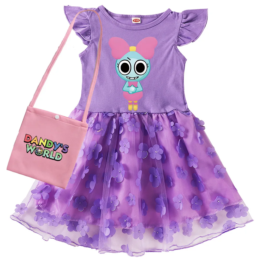 Horror Game Dandy's World Clothes Kids Cartoon Dandys World Dress Baby Girls Short Sleeve Evening Dresses Children Mesh Vestidos