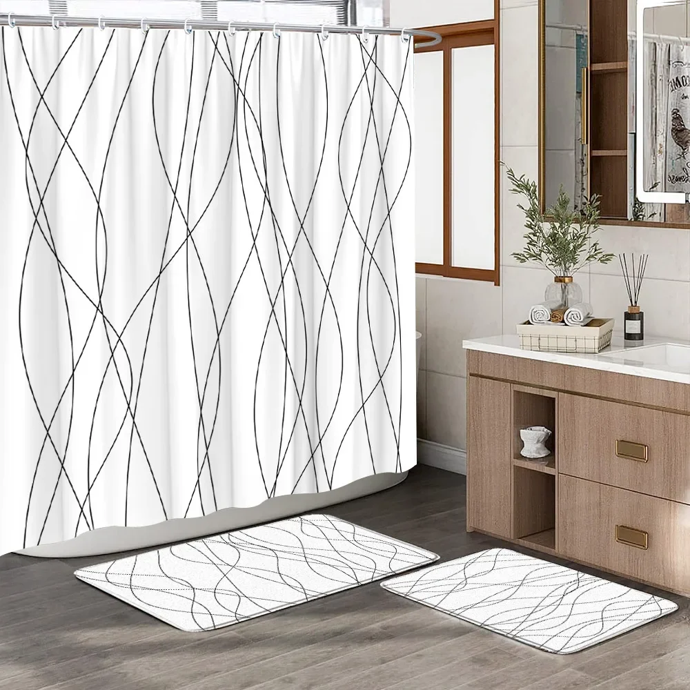 Grey White Stylish Geometric Lines Shower Curtain And Rug Set Modern Minimalist Style Shower Curtain Bath Mat Bathroom Decor Set