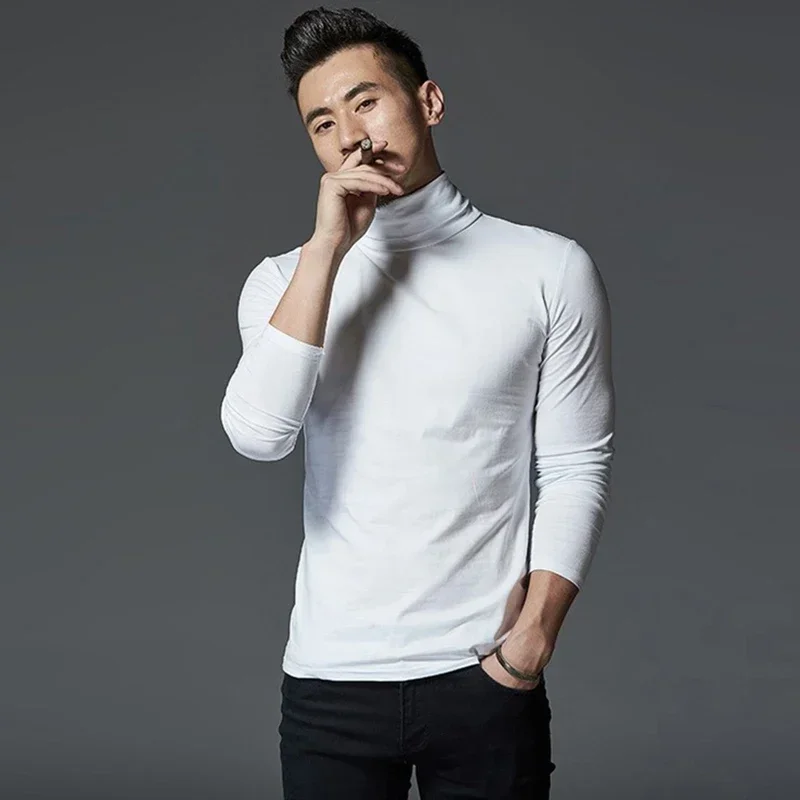 Casual Men's Basic Slim Fit Turtleneck T-Shirts Solid Color Long Sleeve Tees Tops Pullover T Shirt Undershirt Man Clothing