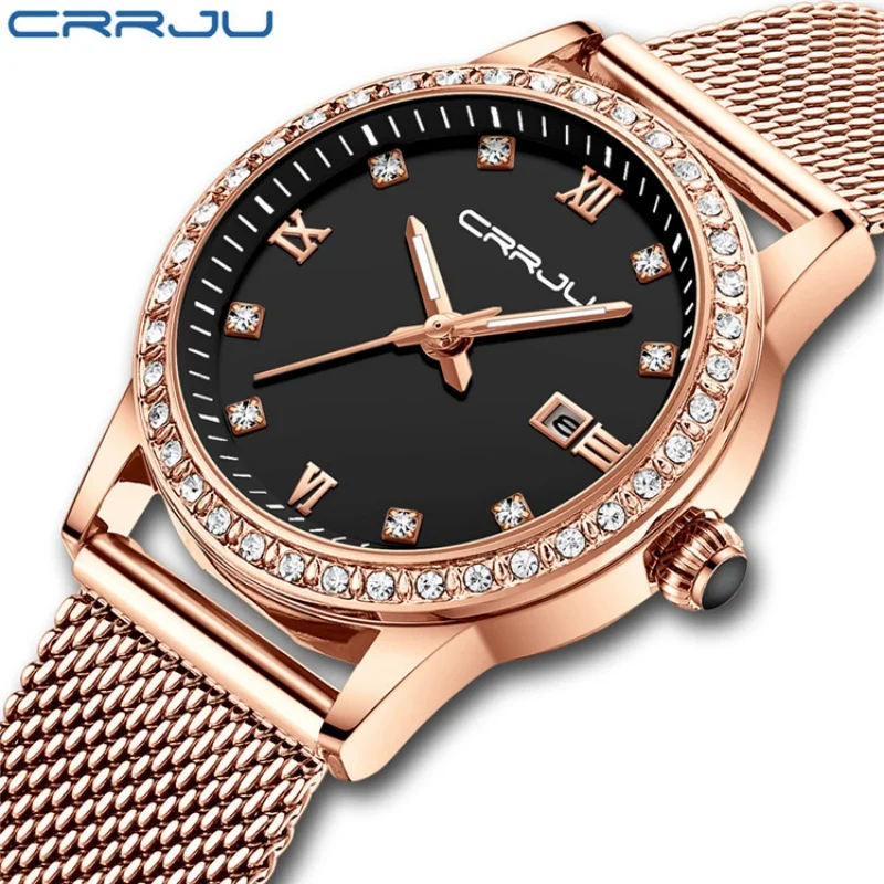 CRRJU 2186 Fashion Ladies Quartz Watch Diamond Dial Stainless Steel Waterproof Calendar Casual Rose Gold Women's Watches