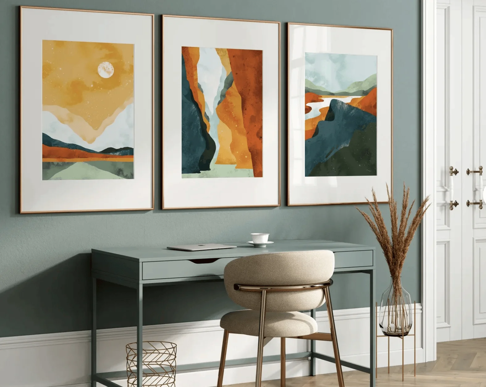 Set of 3 Terracotta Mountain Canvas Wall Art Prints, Abstract Nature Landscape Poster, Earth Tone Decor for Living Room Entryway