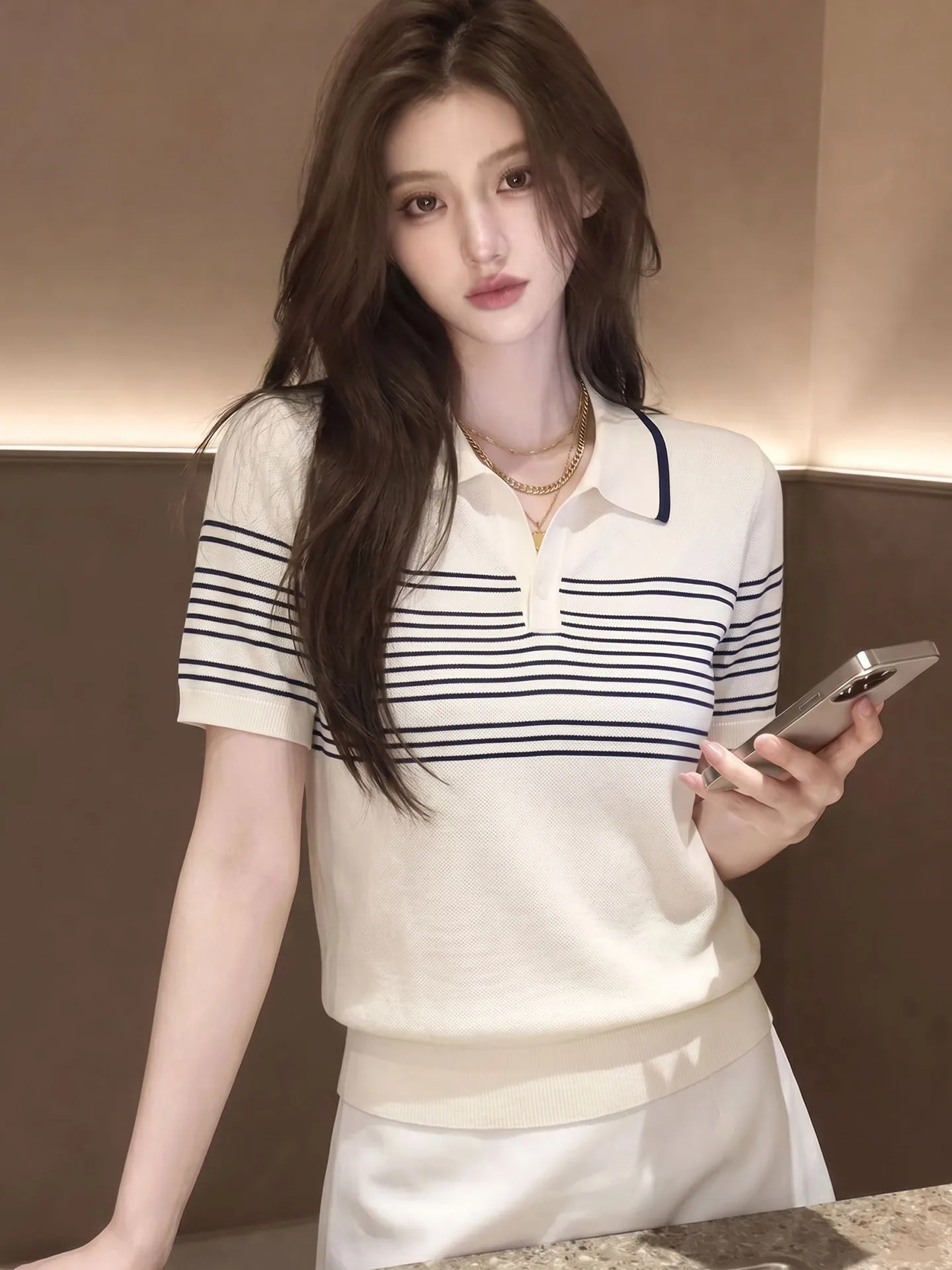 

Chic Korean Style Knit Shirt Collar Casual Short Sleeve Women's Top Age Defying Summer Fashionable Straight Cut Commute Wind