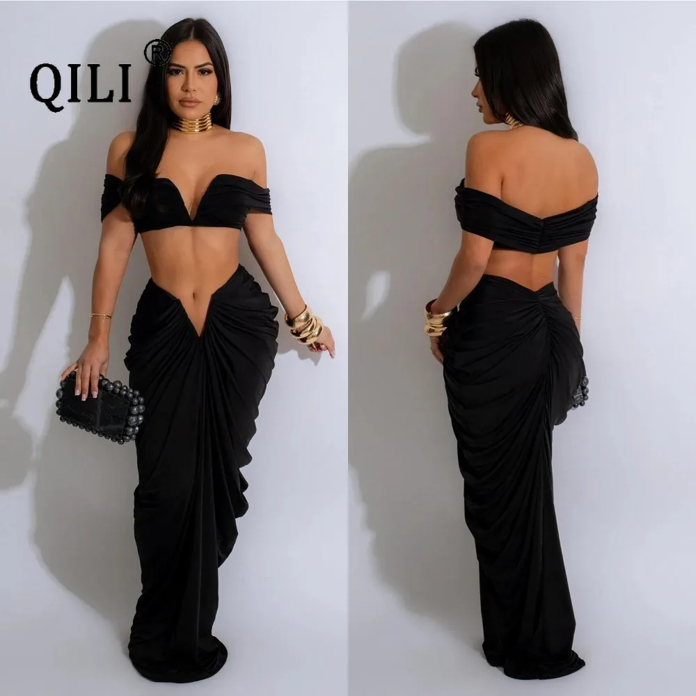 Falda plisada de busto sexy para mujer, color sólido, moda europea y estadounidense, conjunto de 2 piezas