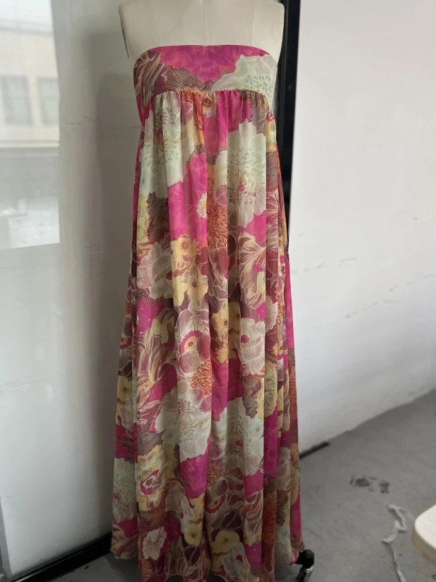 TWOTWINSTYLE Sukienki damskie z kwiatowym nadrukiem świątecznym, bez ramiączek, bez rękawów, z wysokim stanem, francuski temperament, długa sukienka damska, nowość