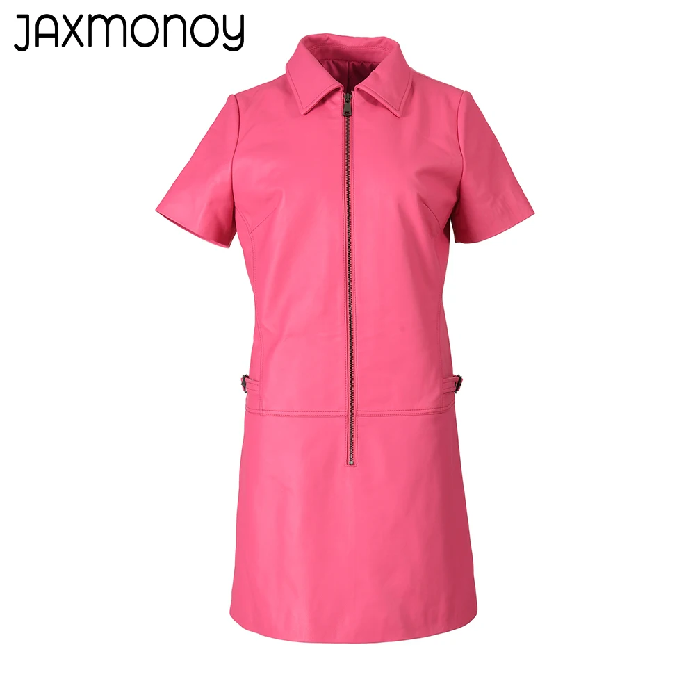 Jaxmonoy Women\'s Real Leather Jacket 2023 Spring New Style Genuine Leather Dress Ladies Fashion Autumn One-Piece Dress Female