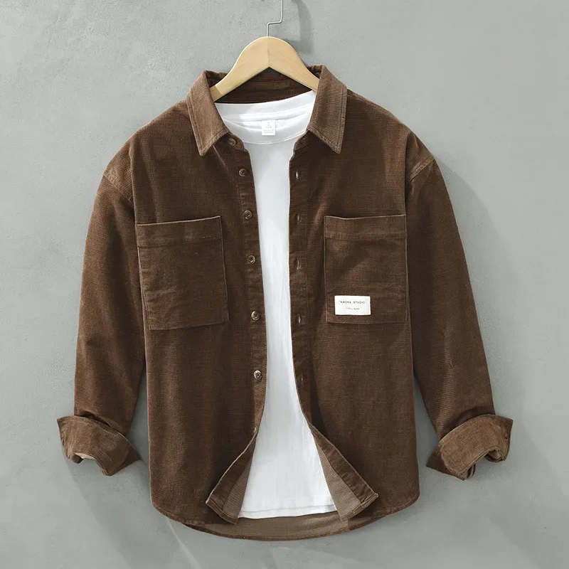 

Осенняя японская винтажная рубашка, мужские повседневные рубашки с двойными карманами, вельветовые рубашки с длинными рукавами, мужская простая одежда, мягкие топы