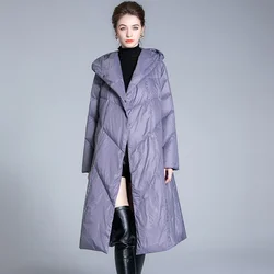 2024 New Winter Woman Long Coat White Duck Down Glossy Down Jacket Solid Color Hooded Puffer Jacket Casual Loose Lady Jackets