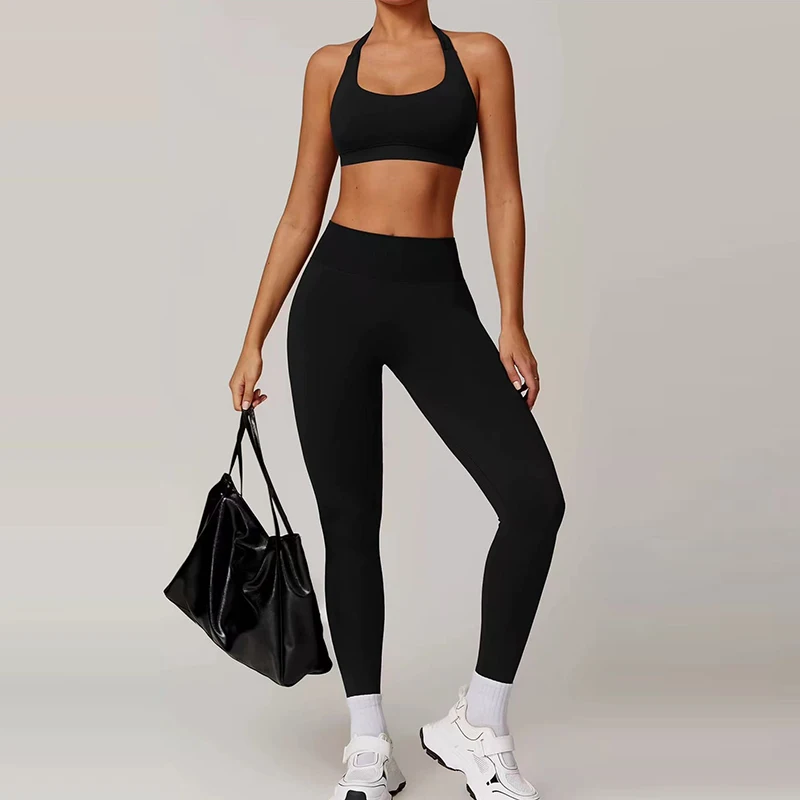 2PCS Women's Seamless Yoga Fitness Suit High Waisted Tight Fitting Sports Bra And Fitness Pants Set Neck Hanging Back Design