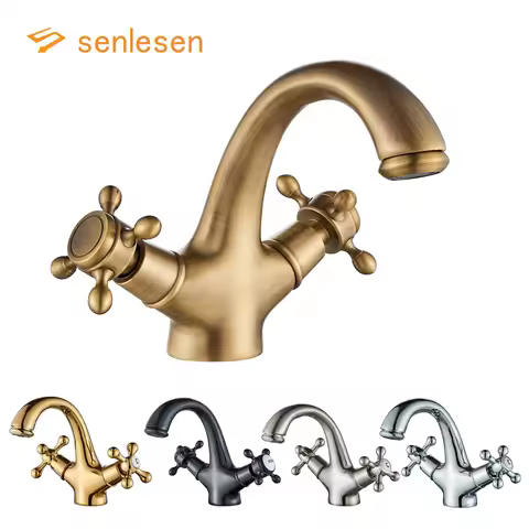 Senlesen Antique Faucet Bathroom Basin Faucet Two Handles Washbasin Taps Solid Brass Deck Mounted Hot Cold Water Mixer Tap,Gold