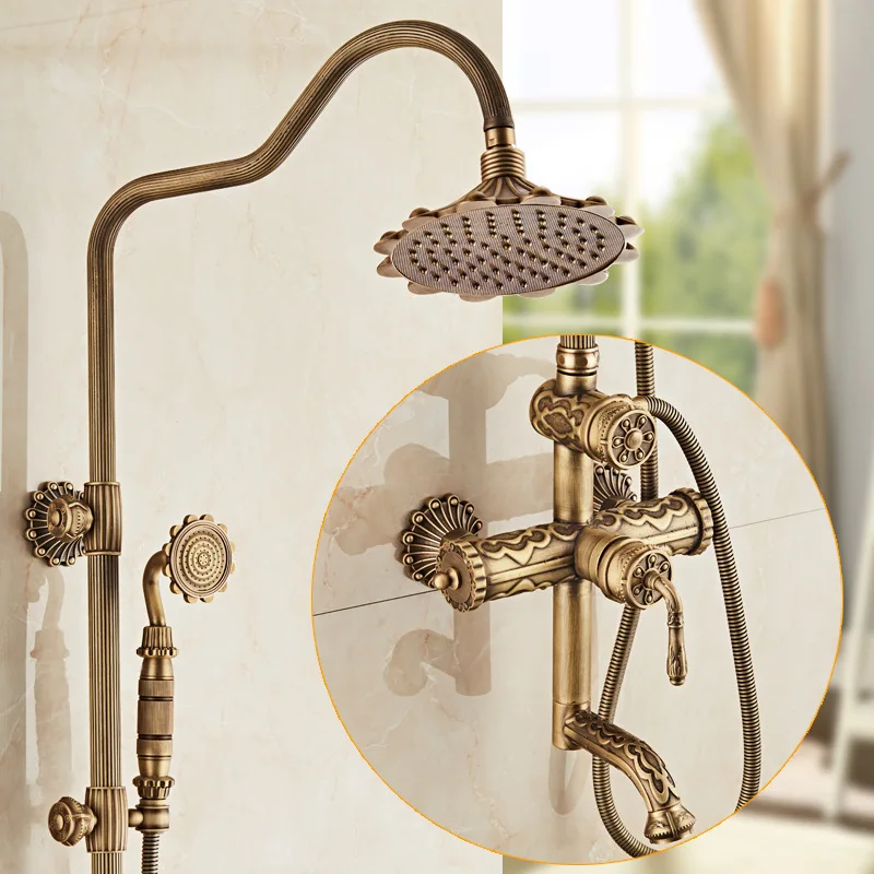 

All-copper European retro engraved shower set Hot and cold faucet shower mixing valve can be rotated up and down