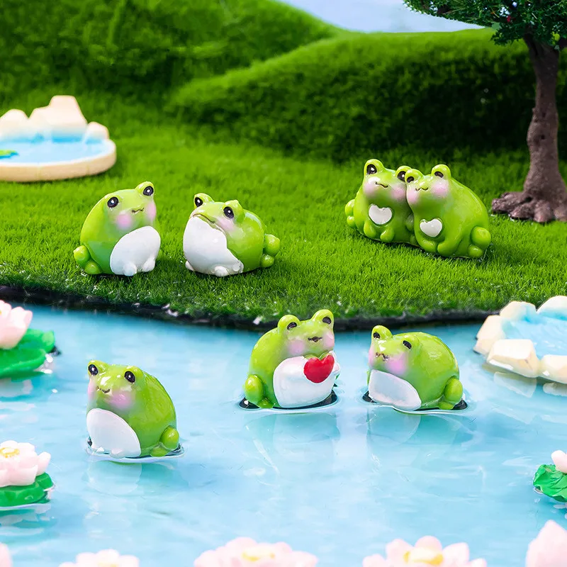 Figurines Miniatures Cute Green Frog Lotus Fish Resin Micro Landscape Ornaments For Home Decorations Fish Tank Decor Accessories