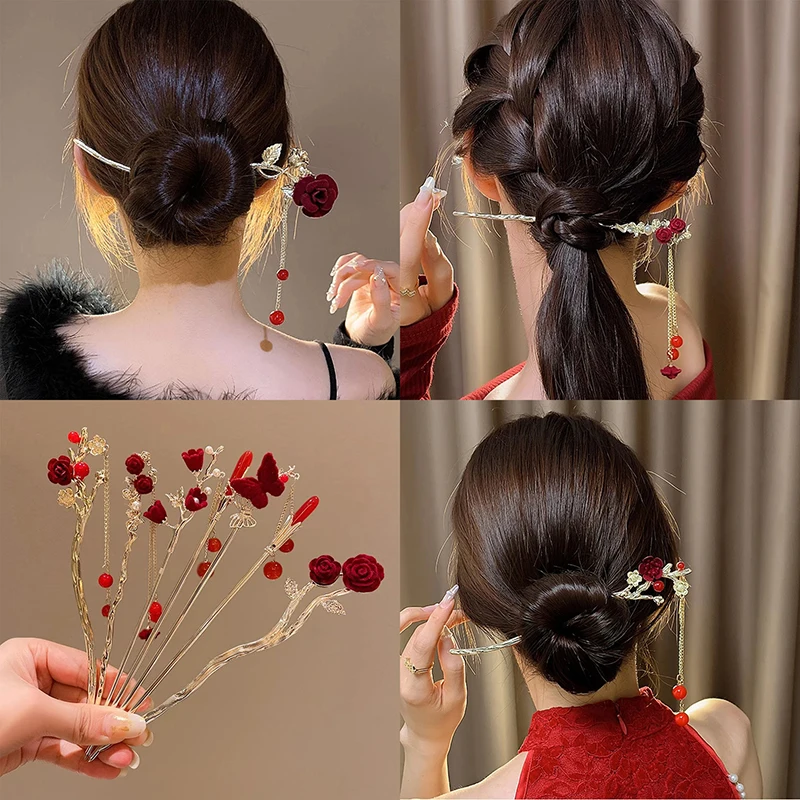 Red Rose Tassel Hair Sticks Women Antique Pearl Hairpin Female Hair Fork Pan Hair Chopsticks Headdress Valentine's Day Gift