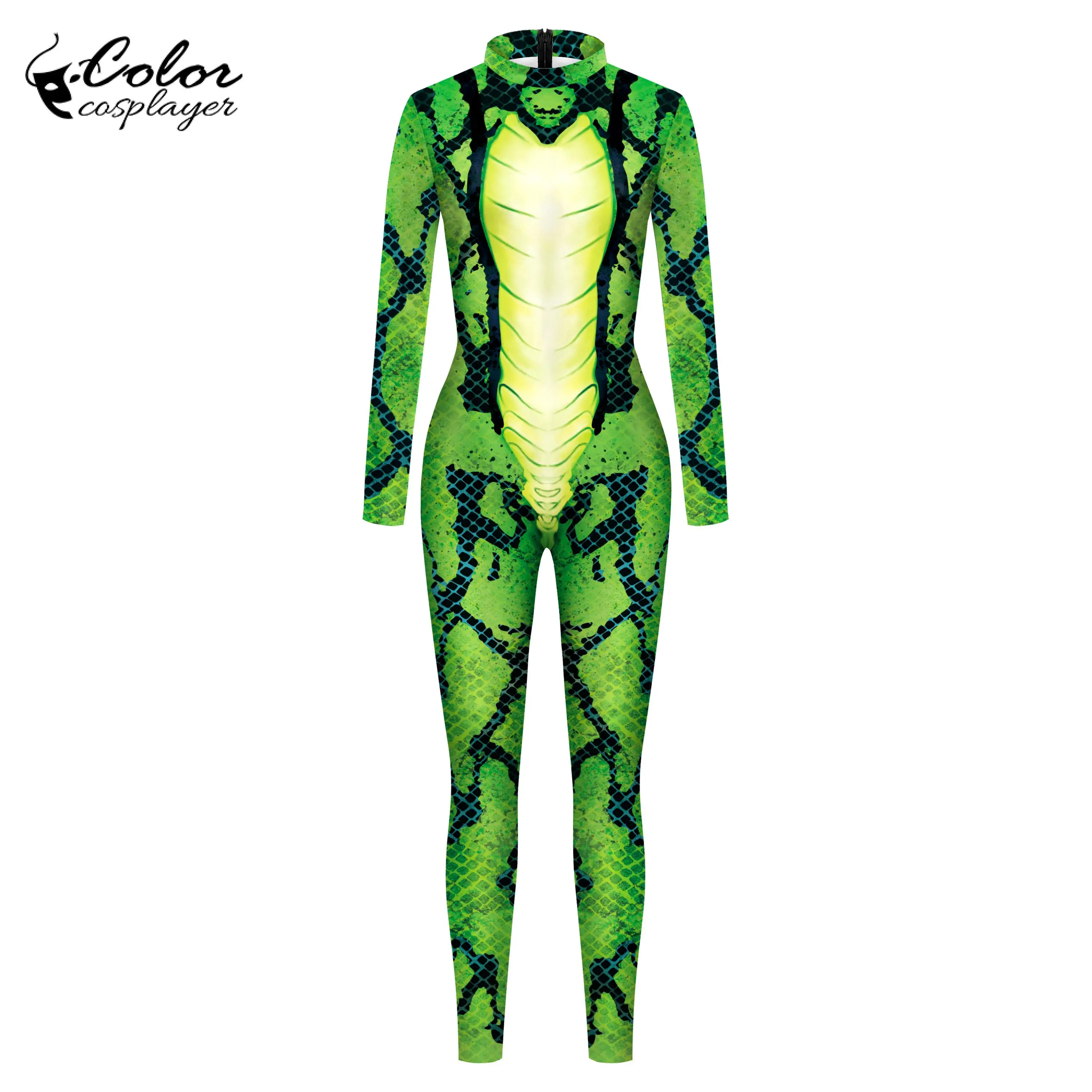 Kolor Cosplayer Green Snake Jumpsuit Halloween Cosplay Costume Adult Unisex Bodysuit 3D Print Long Sleeve Purim Carnival