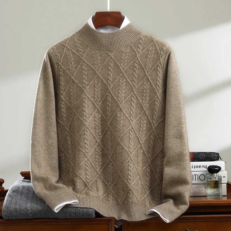100% Cashmere Sweater Half Turtleneck Men's Pullover Seven-Needle Thickened Diamond Pattern Knitted Base Shirt Casual Sweater