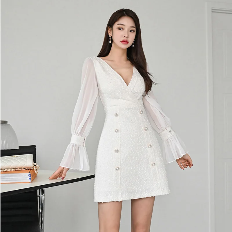 

Waist hugging skirt elegant and high-end small fragrance dress long sleeved deep V-neck sexy hip hugging skirt