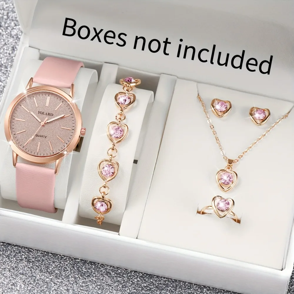 6pcs Women's PU Leather Watch & Jewelry Set - Quartz Analog Watch with Matching Bracelet, Necklace, Earrings, Ring & Pendant