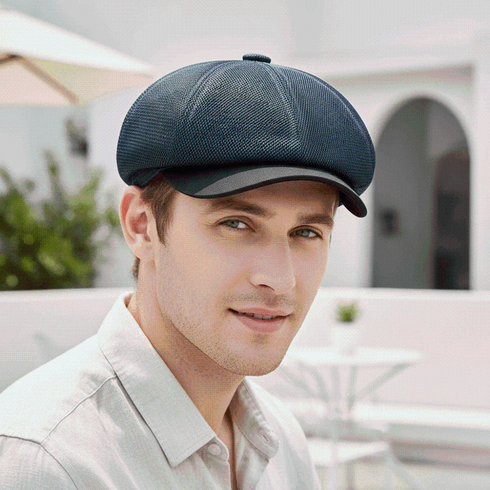 Solid Color Mesh British Beret with Snap Buckle Vintage Gentleman Octagonal Cap Big Head Circumference Polyester
