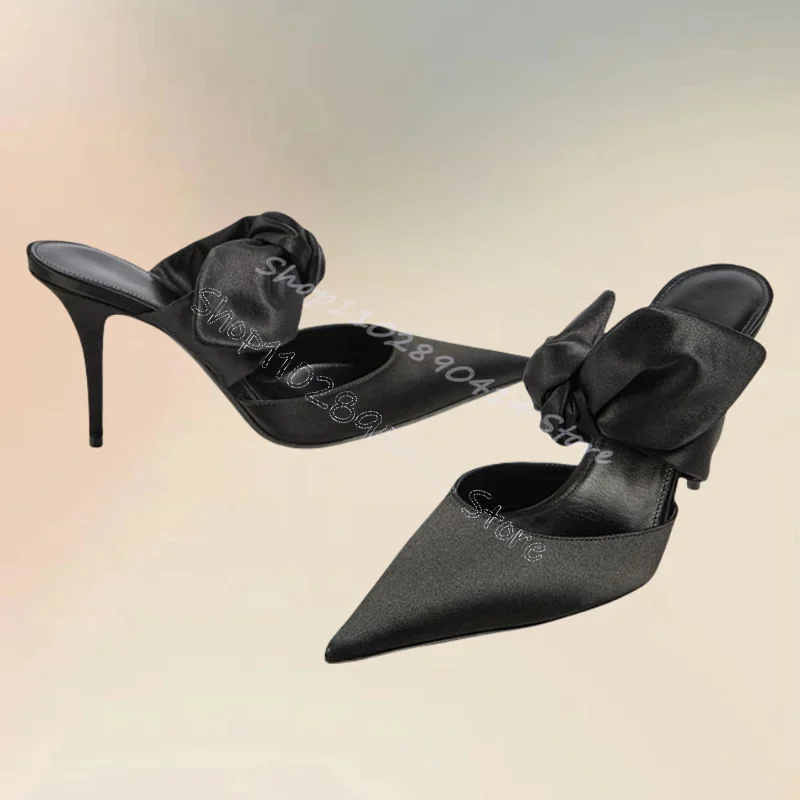 

Black Satin Bow Knot Design Pointed Toe Slippers Slip On Women Shoes Thin High Heels Sexy Party Runway 2024 Zapatos Para Mujere