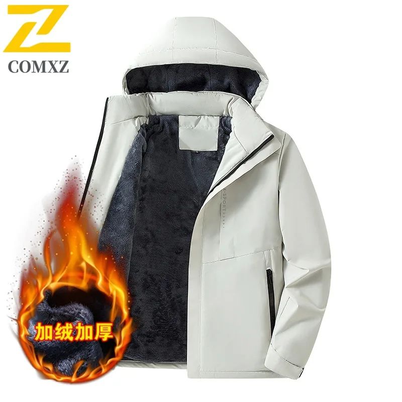 COMXZ 2025 Mens L8XL Plus Size Fleece Lined Waterproof Windproof Detachable Hood Jacket Outdoor Business lightweight windbreaker