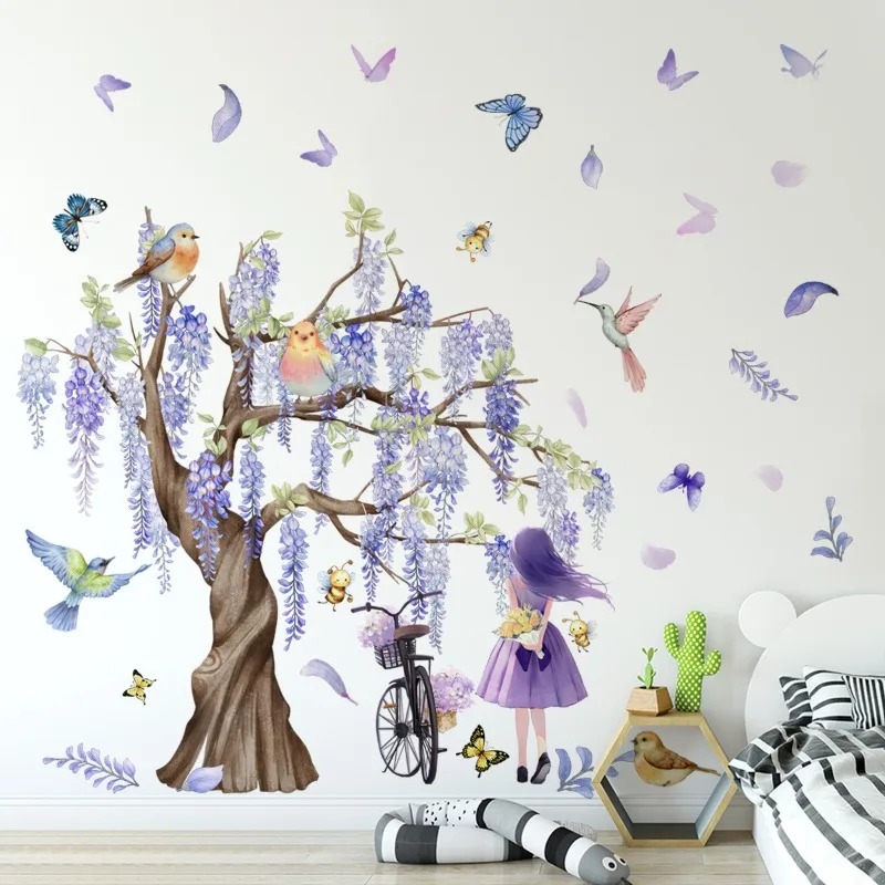 

Purple Wisteria Flower Girl Back View Bike Wall Stickers Birds Bees Butterflies Decals for Girls Room Kids Room Wall Decoration