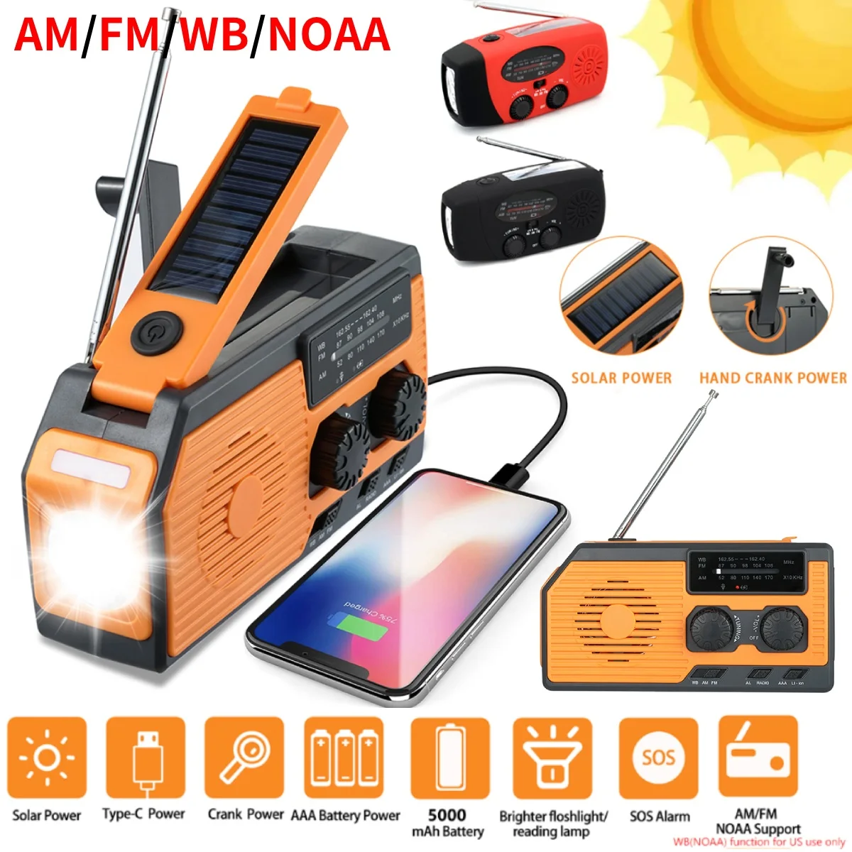 พลังงานแสงอาทิตย์ Hand Crank วิทยุ AM/FM/WB NOAA สภาพอากาศวิทยุมัลติฟังก์ชั่นไฟฉาย LED Power Bank สําหรับ Outdoor Camping Hiking