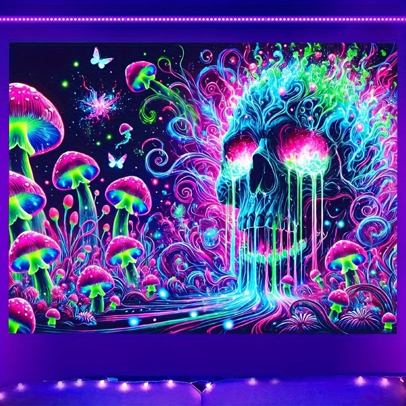 VIKAMA Lebendiger psychedelischer kosmischer Berg- und Planeten-Fluoreszenz-Wandteppich, für Spielzimmer, Wohnheim, Wohnzimmer, Schlafzimmer, Bürodekoration