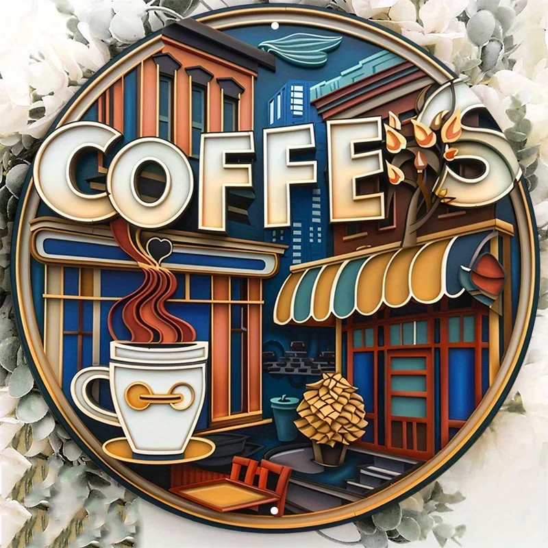 Aluminum Round Coffee Sign Metal Wall Decor with HD Printing & Pre-drilled Hanger