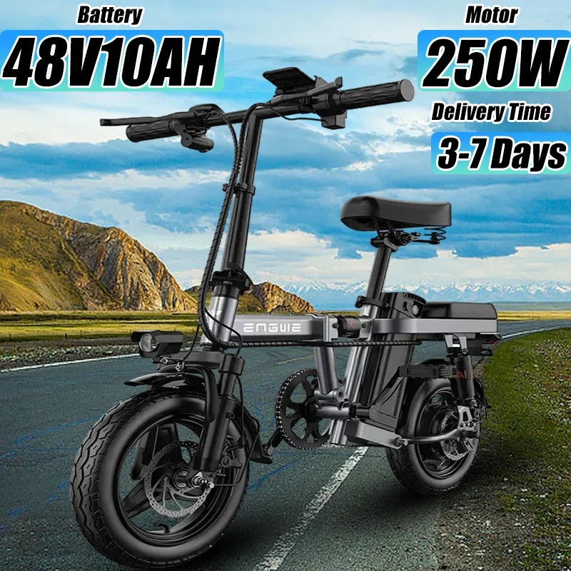 ENGNE T14 Folding Electric Bike 250W Motor 48V10AH Battery 55km Range Max Speed 25 km/h 14*4 Inch Fat Tire Mini Electric Bicycle