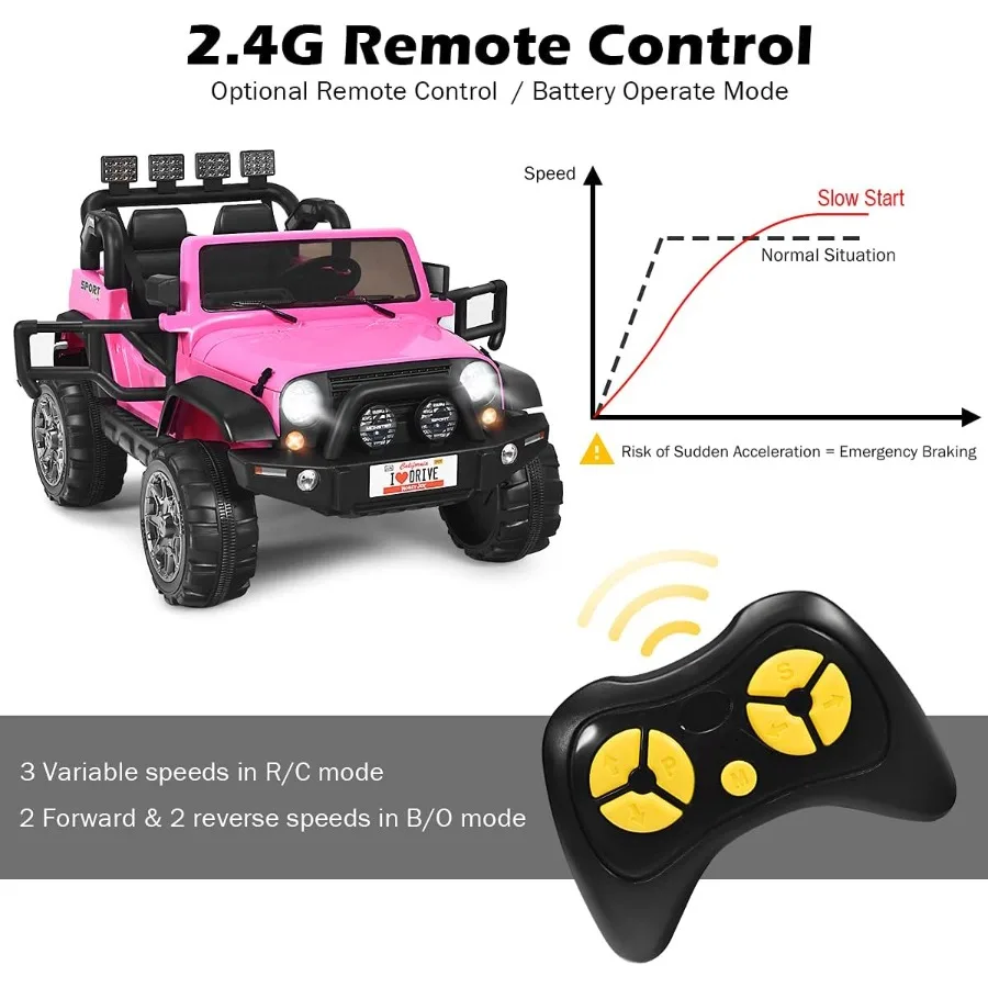 2-Sitzer-Fahrt auf LKW, 12 V, Geländewagen mit Fernbedienung, langsamer Start, Federung, LED-Leuchten, Musik, 3 Geschwindigkeiten, Teig