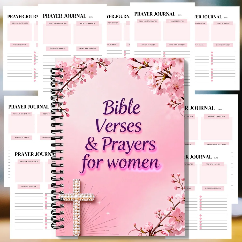 1 carnet de notes en spirale avec versets bibliques et prières pour femmes, couverture en cristal rose à motif de fleurs de cerisier, pour une pratique dévotionnelle douce