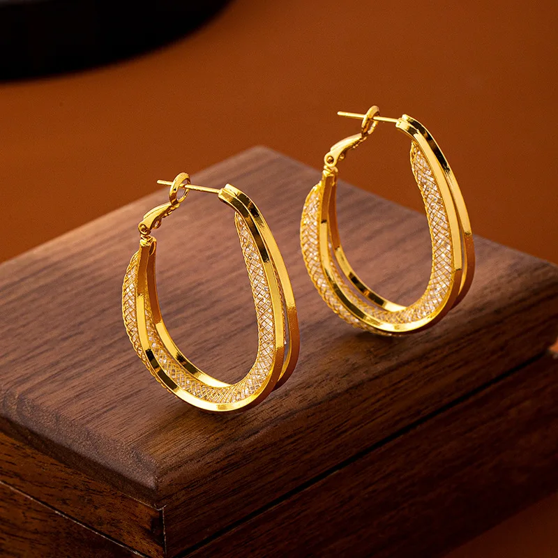 Luxury 24K 9999 Pure Gold real gold Hollow mesh geometric earrings women's snakeskin earrings