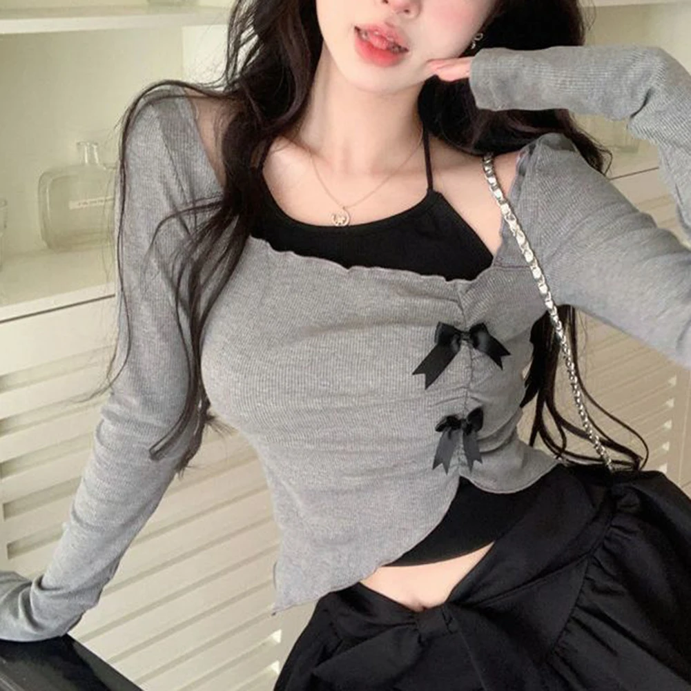 Irregular Design Hot Girl Style Gray Bow Detail Long Sleeve Top Bow Detail Slightly Elastic Solid Color Pattern