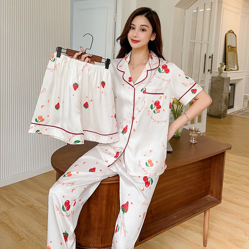 

3PCS Lapel Pajamas Set Women Summer Sleepwear Lingerie Short Sleeve Trouser Shorts Pijamas Suit Print Satin Nightsuits Homewear