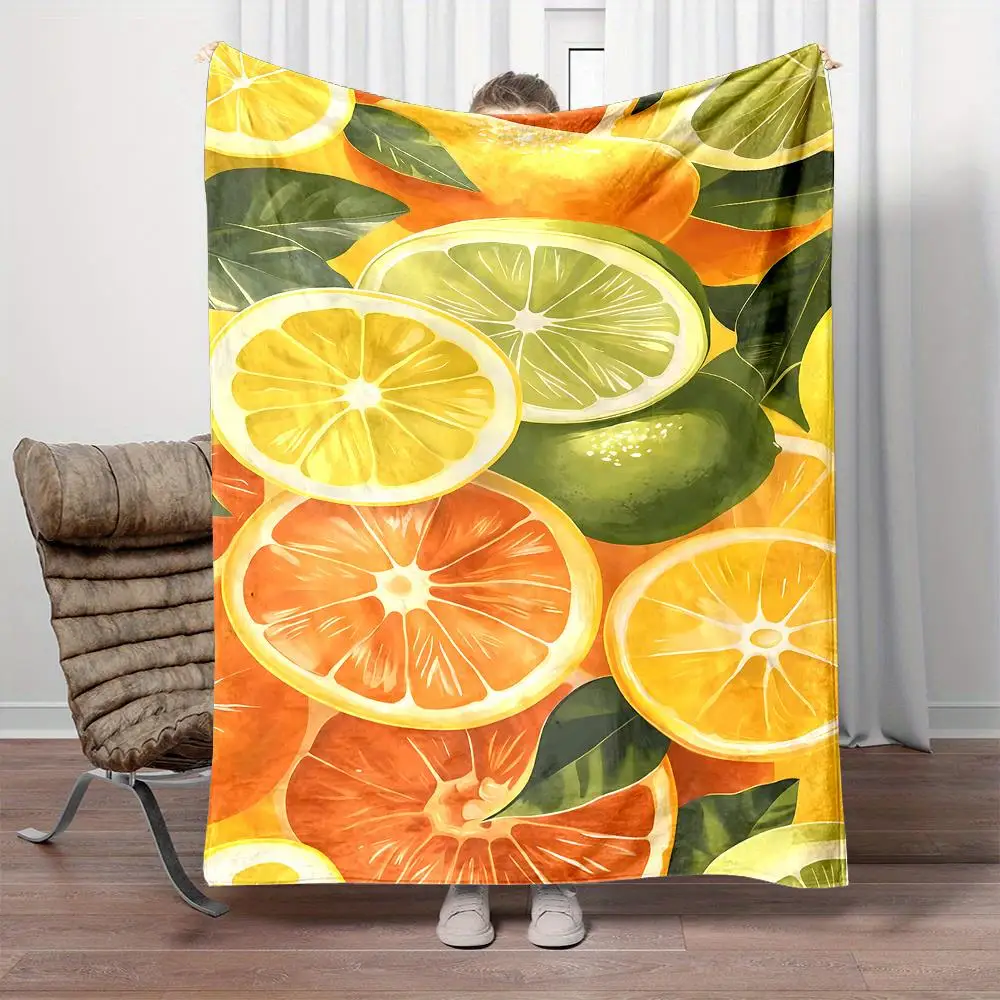 Lemon & Lime Fruit Print Quilted Blanket - All-Season Soft Flannel Bedspread with Lemon Slices, Lime Wedges, Grapefruit & Orange