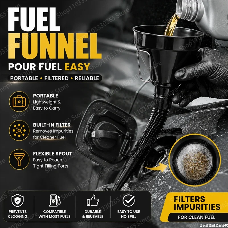 Universal Fuel Funnel with Built-in Filter, Leak-Proof, Flexible Extension Hose for Car, Motorcycle, Gasoline Oil
