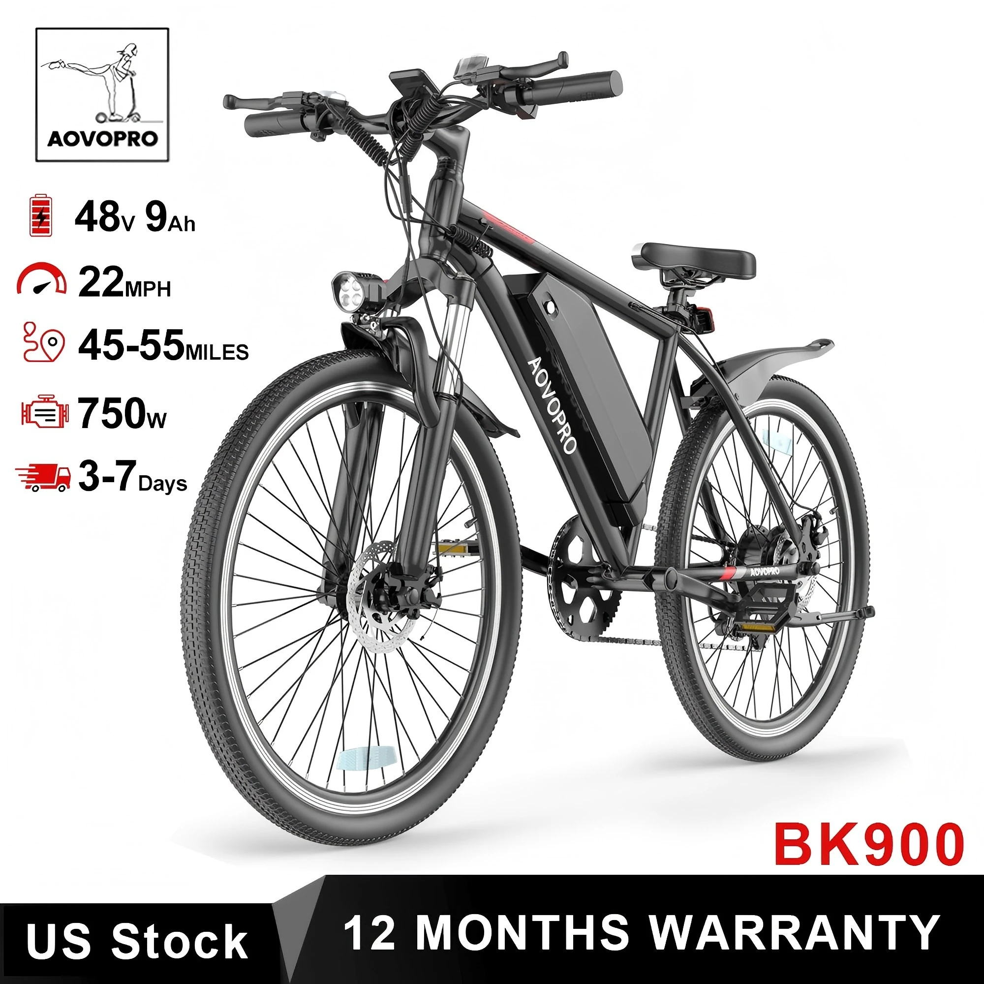 AOVOPRO BK520 26'' Electric Bicycle 750W Motor 48V 5.2AH Battery 22mph 7 Speed Mode 45miles Long Range Electric Bike for Adult image 2