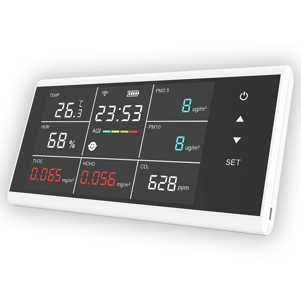 Tuya WIFI 10-in-1 Sensor Multi-Fungsi Pemantau Kualitas Udara Suhu Kelembaban Karbon Dioksida PM2.5/10 HCHO TVOC Deteksi AQI