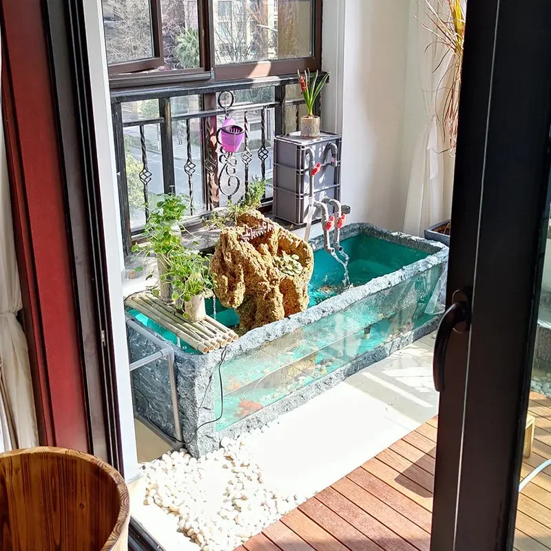 Customized living room, balcony, courtyard, ecological circulation, filtration, large glass landscape, fish pond, waterfall, flo