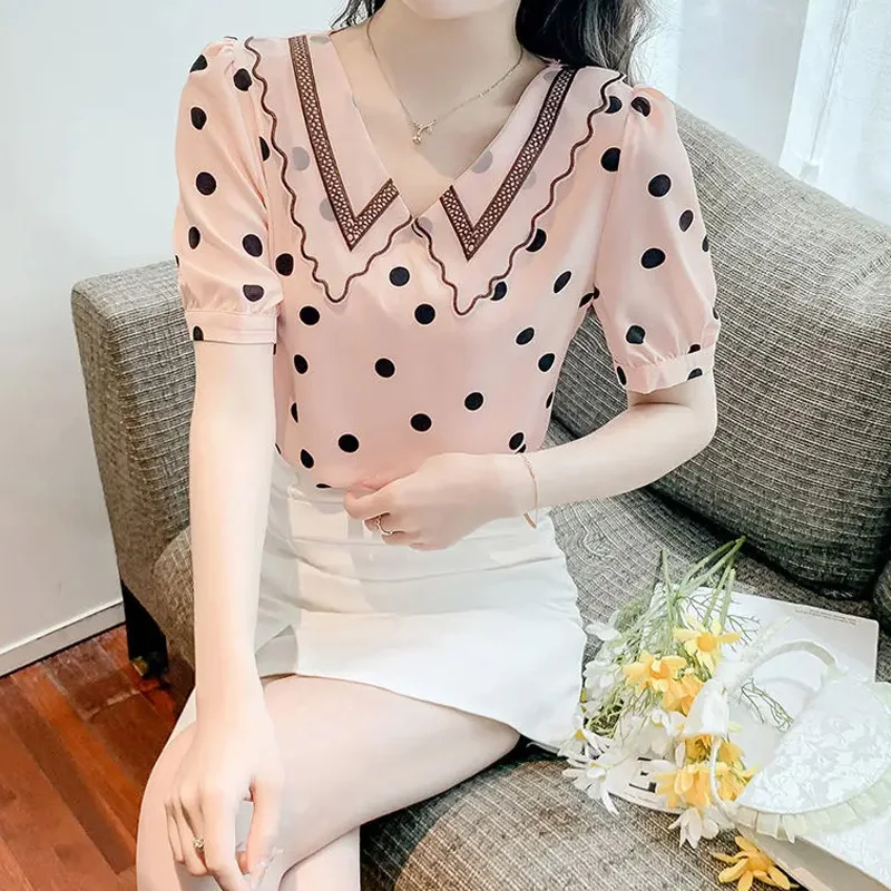 Sommer neue Blumen Chiffon dünne Bluse Kurzarm Tupfen lose Druck elegante Hemd Tops Mode süße Frauen Kleidung