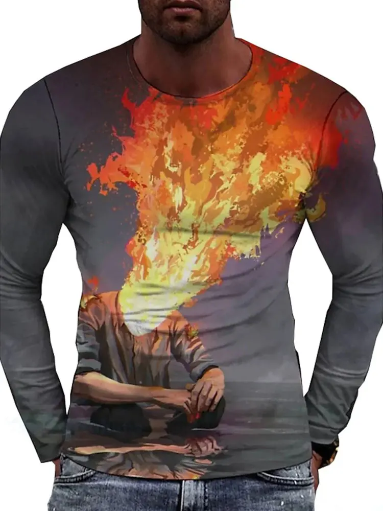 Men's Black White Monster Long Sleeve T-Shirt Splatter Teeth Graphic Tee Horror Gothic Streetwear Casual Pullover Tops Gift