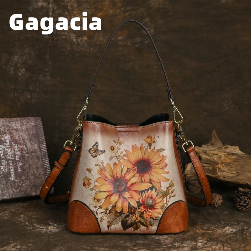 

GAGACIA Retro Flower Painted Versatile Shoulder Bag For Women's 2024 New Soft Leather Handbag Female High Capacity Crossbody Bag