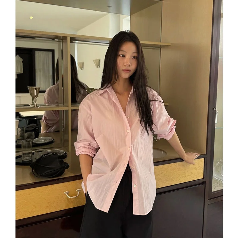 

Casual Loose Long Sve Pure Color irt Women's Flip Collar Single Button East Gate 25 Autumn Comfortable Breathable irt