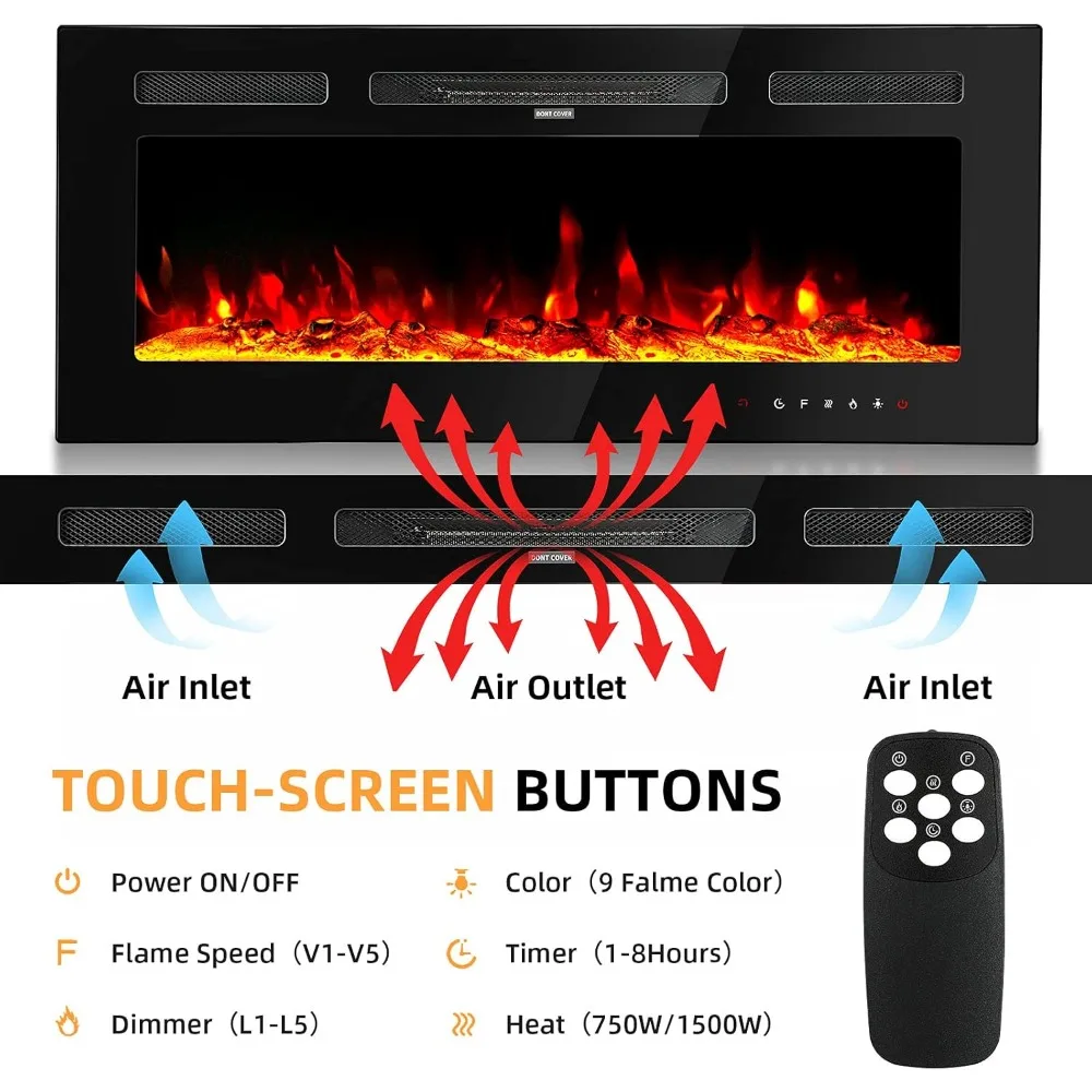 50 Inch Electric Fireplace Inserts Wall Fireplace Electric with Remote Control Electric Fireplace Wall Mounted Recessed