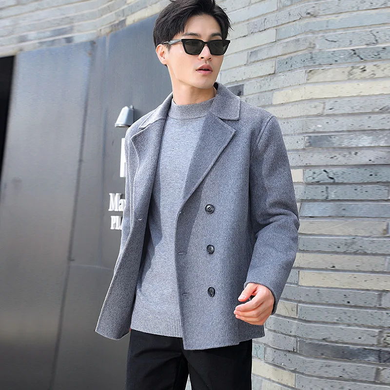 Autumn And Winter Handmade Men\'s Double-Sided Suit Collar Korean Version 100% Merino Wool Coat Cashmere Business Coat Short Top