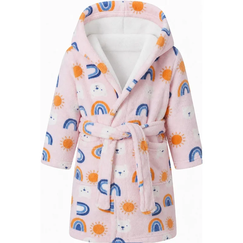 Winter Children's Flannel Bathrobe Hooded Cartoon Nightgown Loungewear Boys and Girls Pajamas