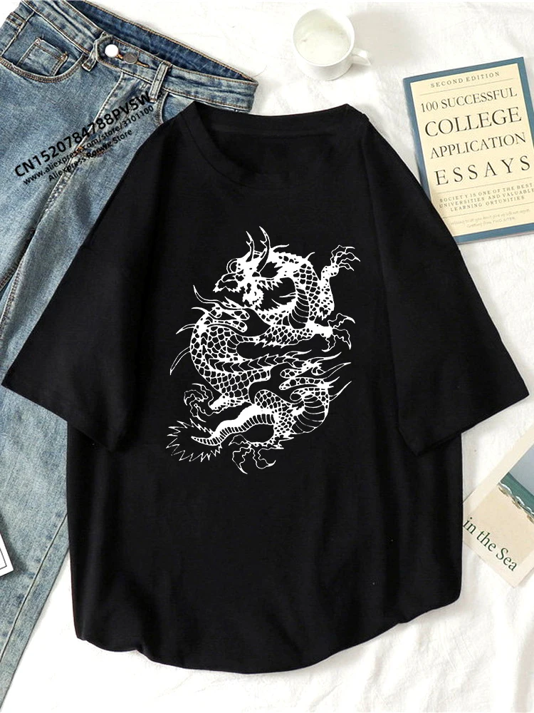 Women Dragon Gothic Printed Casual Basic O-Neck T shirt Young Girls Soft Hand Feel Y2K Harajuku T-shirts Female Tops Tees