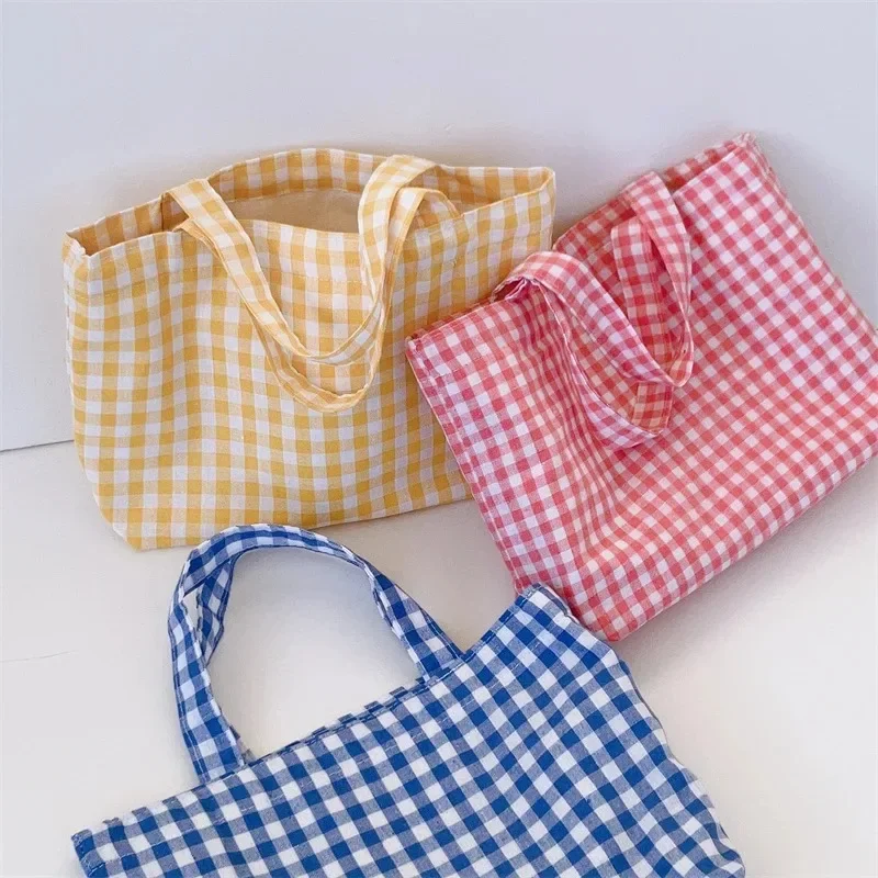 Portable Women's Bento Handbags Simple Plaid Ladies Small Tote Purse Shoulder Bags Retro Female Cloth Reusable Shopping Bag