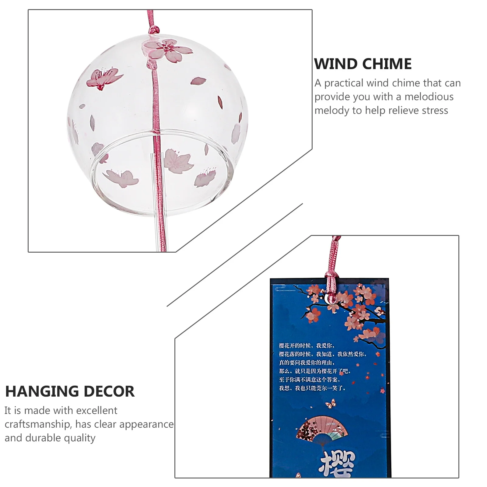 

2Pcs Decorative Glass Wind Chime Japanese Style Wind-Bell Hanging Ornament Small Hanging Bell Gift for Bedroom Living Room Yard